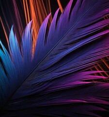 Fototapeta premium close-up view feather displays vibrant mix blue, purple, and orange hues, with slight blur effect.