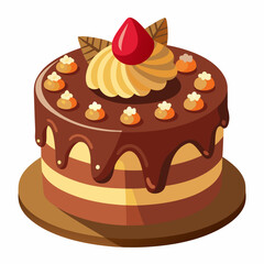 Chocolate Cake with Caramel Topping and a Single Strawberry