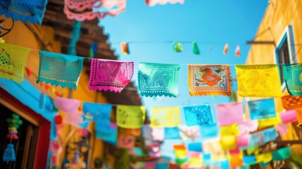 Colorful Mexican street with hanging colorful flags for fiesta party and blue sky.&nbsp;Cinco de mayo.&nbsp;The day of the dead.&nbsp;Dia de los Muertos