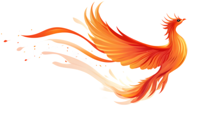 Phoenix in red and orange colors, vector illustration on a white background, flying up in the style of a cartoon.PNG file with transparent background and high definition focus and dynamic range.