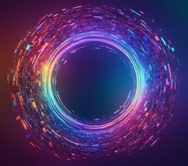 vibrant, circular digital features gradient blue, purple, and pink hues, with central black circle surrounded