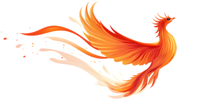 Phoenix in red and orange colors, vector illustration on a white background, flying up in the style of a cartoon.PNG file with transparent background and high definition focus and dynamic range.