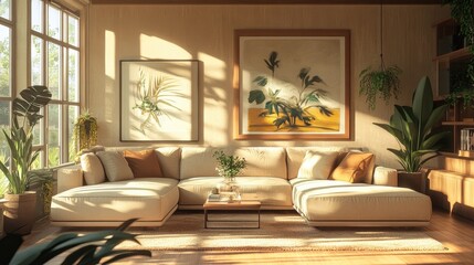 Anime scene of a modern living room with a sectional sofa, elegant decor, and natural light