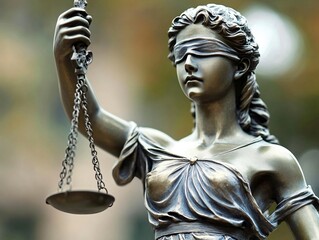 Bronze statue of lady justice holding scales, blindfolded to represent impartiality and fairness in the legal system