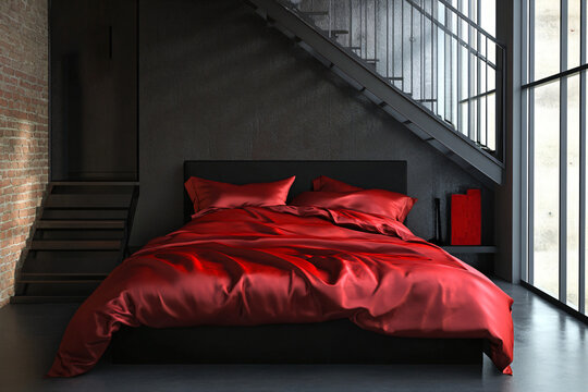black bed in a loft with red satin bedding
