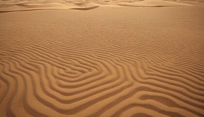 close-up view sandy beach, with pattern undulating lines and ripples, creating sense movement and tranquility.