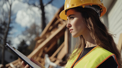  a female recovery crew member with a focused expression, holding a clipboard as she assesses the storm damage on a residential property
