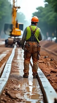 Worker or foreman standing on railway tracks with construction machinery in background