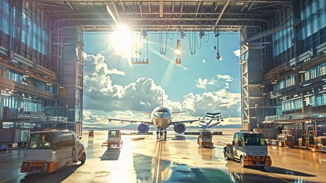 A huge airport warehouse scene, with a lot of forklifts moving cargo around and planes visible thru the open doors of the warehouse and big employees, impressive scene