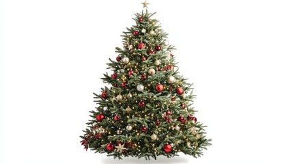 Fototapeta premium Decorated Christmas tree with red and gold ornaments and a star topper isolated on a white background.