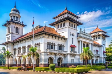 Obraz premium Historic colonial-era building with ornate details and clock tower, serves as the main office of the national postal service in Bandung, West Java, Indonesia.