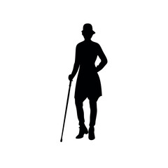 a young lady are standing with cane vector silhouette isolated white background