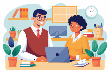 Student And Teacher Office vector illustration.