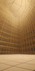 Obraz premium 3D room with grid-like pattern wooden panels and tiled floor, creating sense depth and space.
