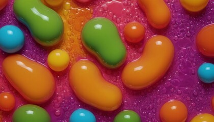 vibrant array candy pieces in various colors, including green, orange, and blue, are scattered across pink