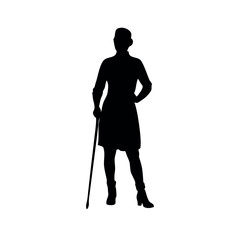 a young lady are standing with cane vector silhouette isolated white background