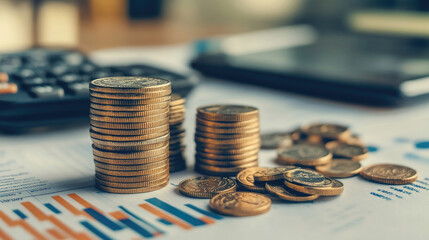 Desk Setup for Financial Planning with Stacks of Coins, Calculator, and Papers