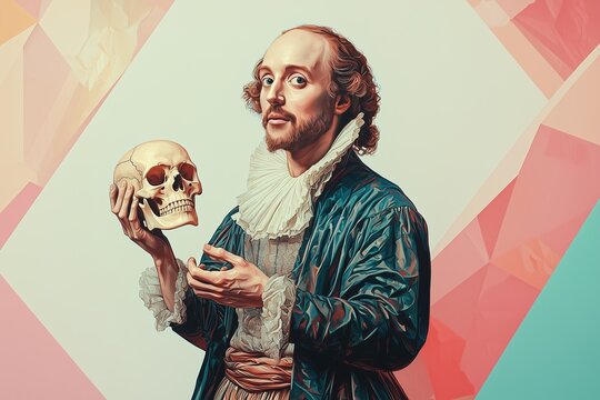 Elegant High-Resolution Image of Shakespeare Holding a Skull on Trendy Pastel Background