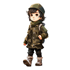 Fototapeta premium An illustration of a child in military-style clothing walking