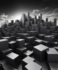 Fototapeta premium black and white densely packed cityscape, with numerous cubes varying sizes and shapes, creating complex and
