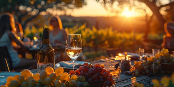 Friends enjoying wine tasting at vineyard for National Wine and Cheese Day, July 25th, scenic location, gourmet experience - Powered by Adobe