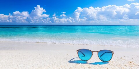 Sunglasses Reflecting Tropical Beach on Sandy Shore – Fashion, Summer Accessories, Travel