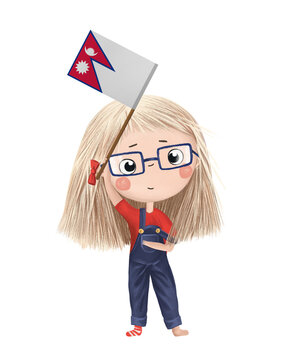 recommend clip art: Funny cute girl with flag of Nepal. Bright clip art isolated