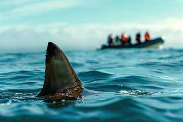 Fototapeta premium Big white shark fin against of boat with tourists background