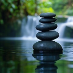 Zen Stones with Waterfall and Lush Greenery