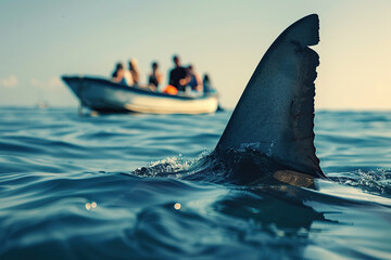 Fototapeta premium Big white shark fin against of boat with tourists background