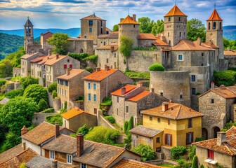 Obraz premium Quaint medieval town with light stone houses featuring tiled roofs, surrounded by a sturdy rampart and small towers, evoking a sense of whimsical fantasy and adventure.