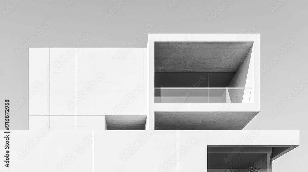 Poster minimalist white concrete building with geometric cutouts and shadows