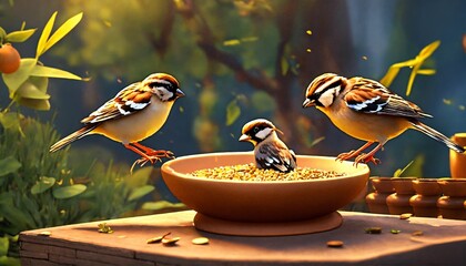 a high-quality 3D cartoon image of sparrows flying around pots and bowls, suitable for a storybook illustration