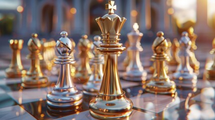 Shot of CHESS concept gold and si king surrounded with SILVER and GOLD chess pieces on game competition, chess battle, victory, success, team leader, teamwork, business strategy concept.3d rendering.