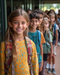Children lined up with backpacks at school during the morning in a sunny setting