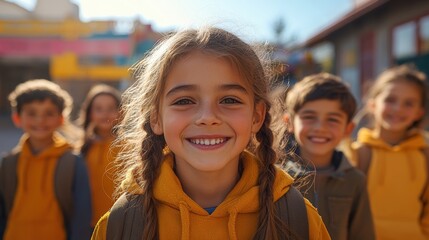Kids smiling in bright yellow hoodies at a playground on a sunny day