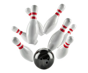 Striking down pins with a bowling ball, cut out
