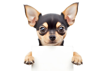 Cute chihuahua puppy holding blank white banner in its paws isolated on white background