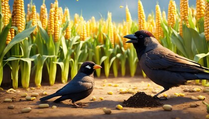 Create a 3D digital illustration of a sparrow and a crow planting corn in a field, with high-quality, detailed, storybook-style art