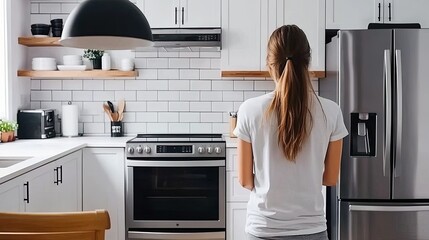 A woman stands in a stylish kitchen featuring white cabinets, black pendant lights, and stainless steel appliances, enjoying the open space of her New York City apartment