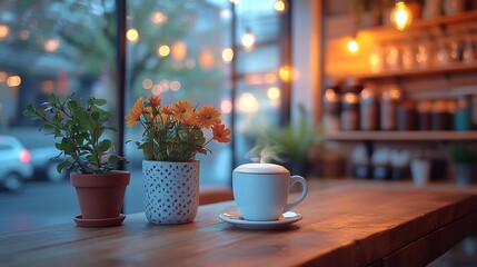Warm Coffee Shop Decor with Cozy Shelf and Table, Enchanted by Bokeh Effect - Generative AI