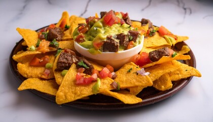 cheese nachos with beef guacamole and salsa