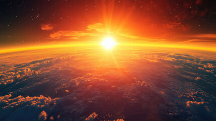 Vivid Red Sunset with Sun Rays and Clouds Viewed from Space