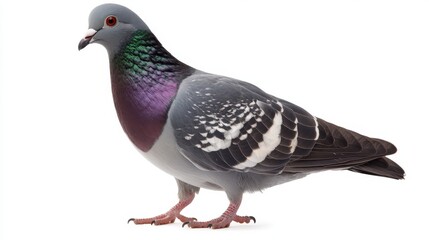 Fototapeta premium Rock pigeon standing in full body profile against a pure white background under bright studio lighting.