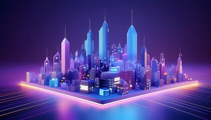 Fototapeta premium 3D rendering of a cityscape that comes alive at night with abstract lines and multi-colored lights.