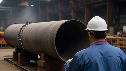 Metal Processing Industry Overview: Worker in Safety Helmet Monitoring Steel Pipe Production Facility