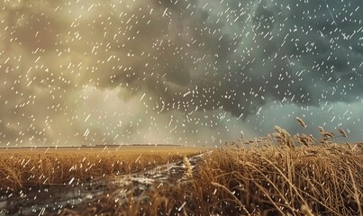 Hailstorm on the plains: Hailstones falling, dramatic sky, agricultural landscape in stormy weather