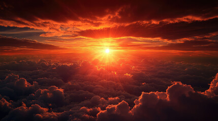 Fototapeta premium Vivid Red Sunset with Sun Rays and Clouds Viewed from Space