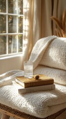Cozy armchair with blanket and glass of water by the window in warm afternoon sunlight
