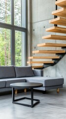 Stylish living room features a gray sofa, wooden flooring, concrete walls, and a striking staircase that enhances the Scandinavian decor aesthetic